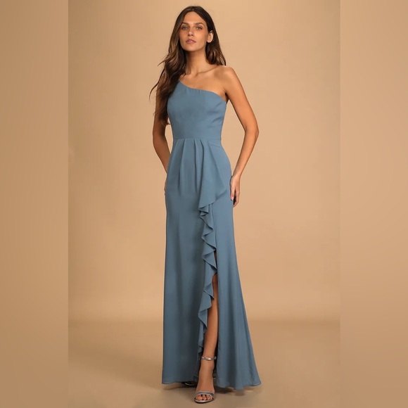 Lulus Dresses & Skirts - Slate Blue Ruffled One-Shoulder Maxi Dress 
Lulus